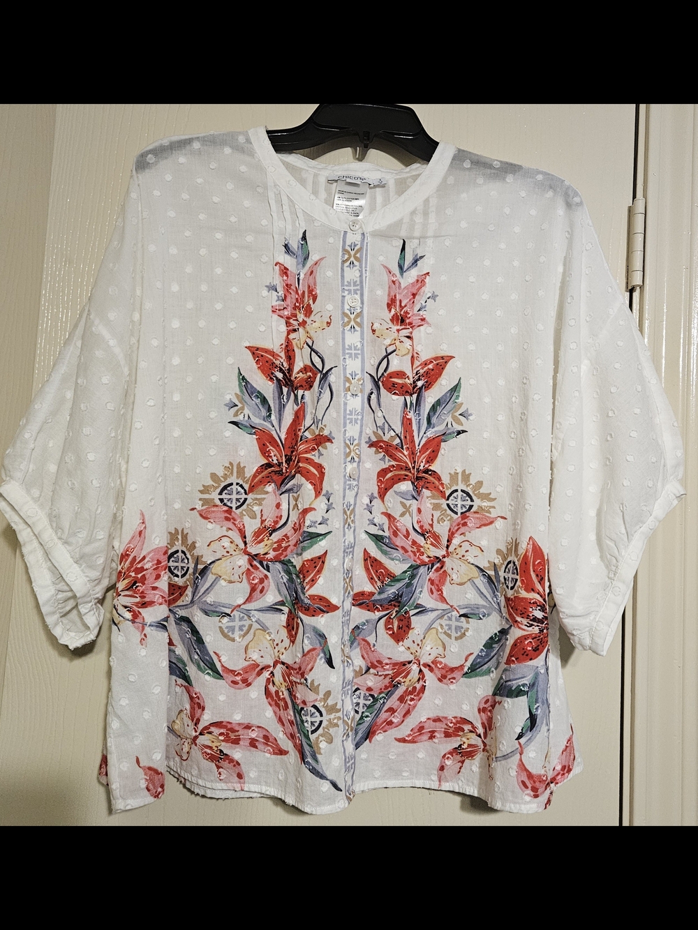 Chico's White Dot Swiss Blouse with Red Floral Embroidery